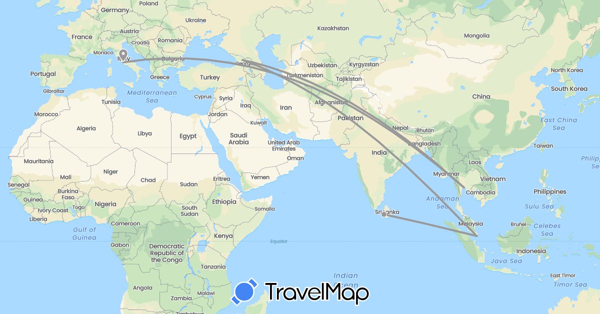 TravelMap itinerary: driving, plane in Georgia, Italy, Sri Lanka, Singapore, Thailand (Asia, Europe)